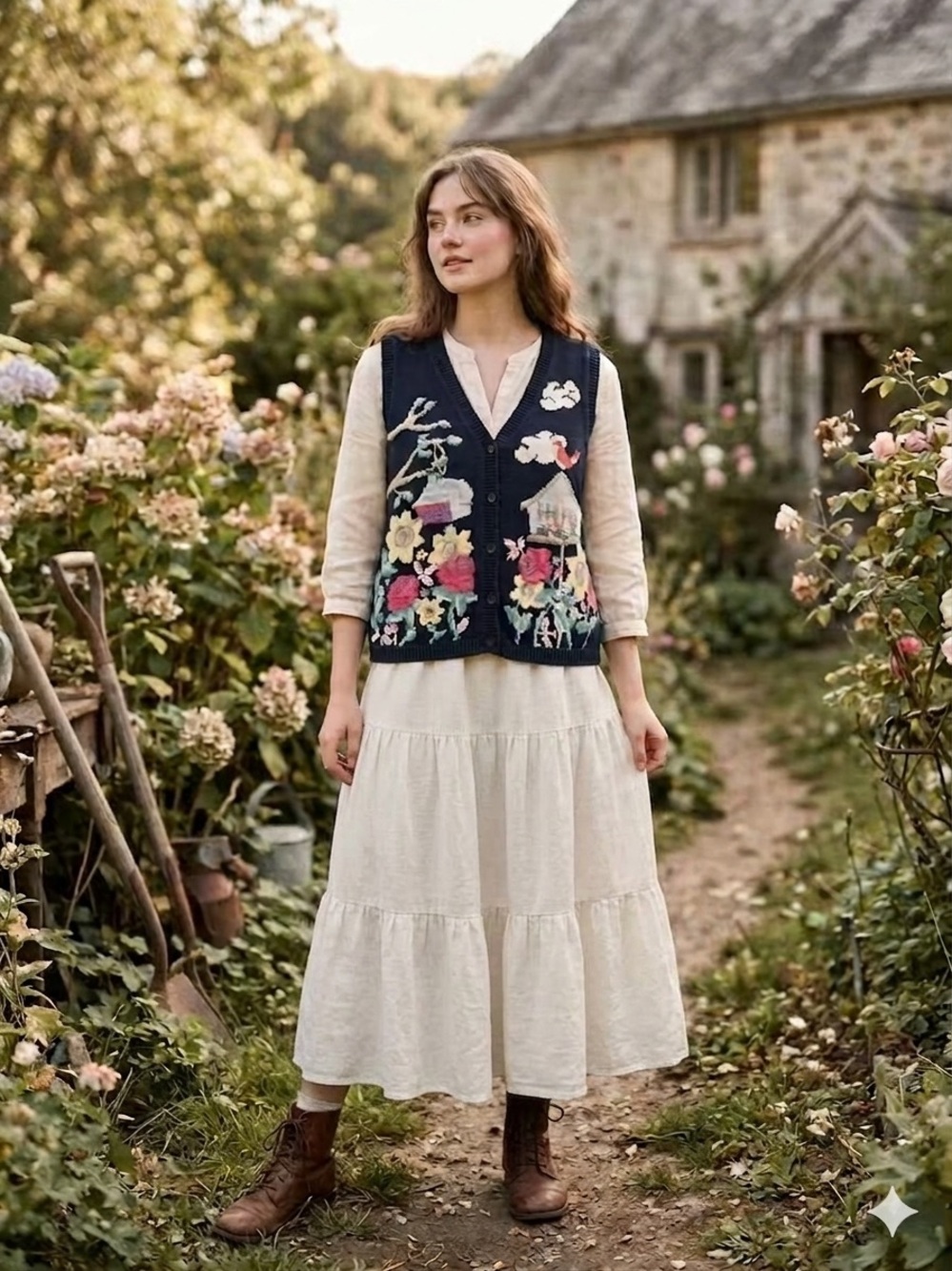 NORTHERN REFLECTION Sweater Vest 90s Cottagecore Blue/Multi Floral Birdhouses XL